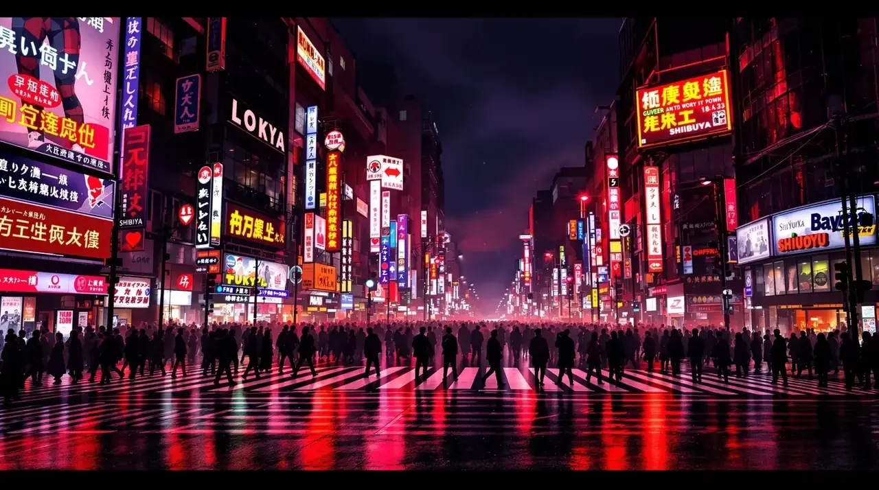 涩谷夜街交差点霓虹灯箱街景